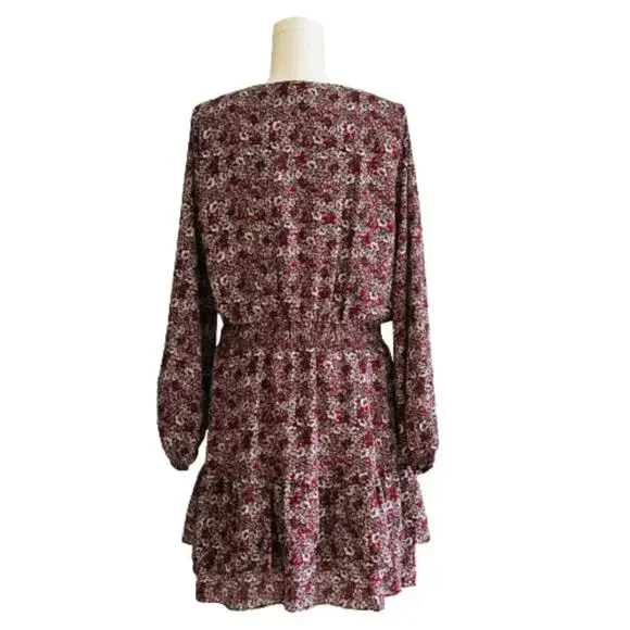 Nine Britton Dress Annika Red Burgundy Floral V-Neck Long Sleeve Tiered Large - Picture 4 of 13